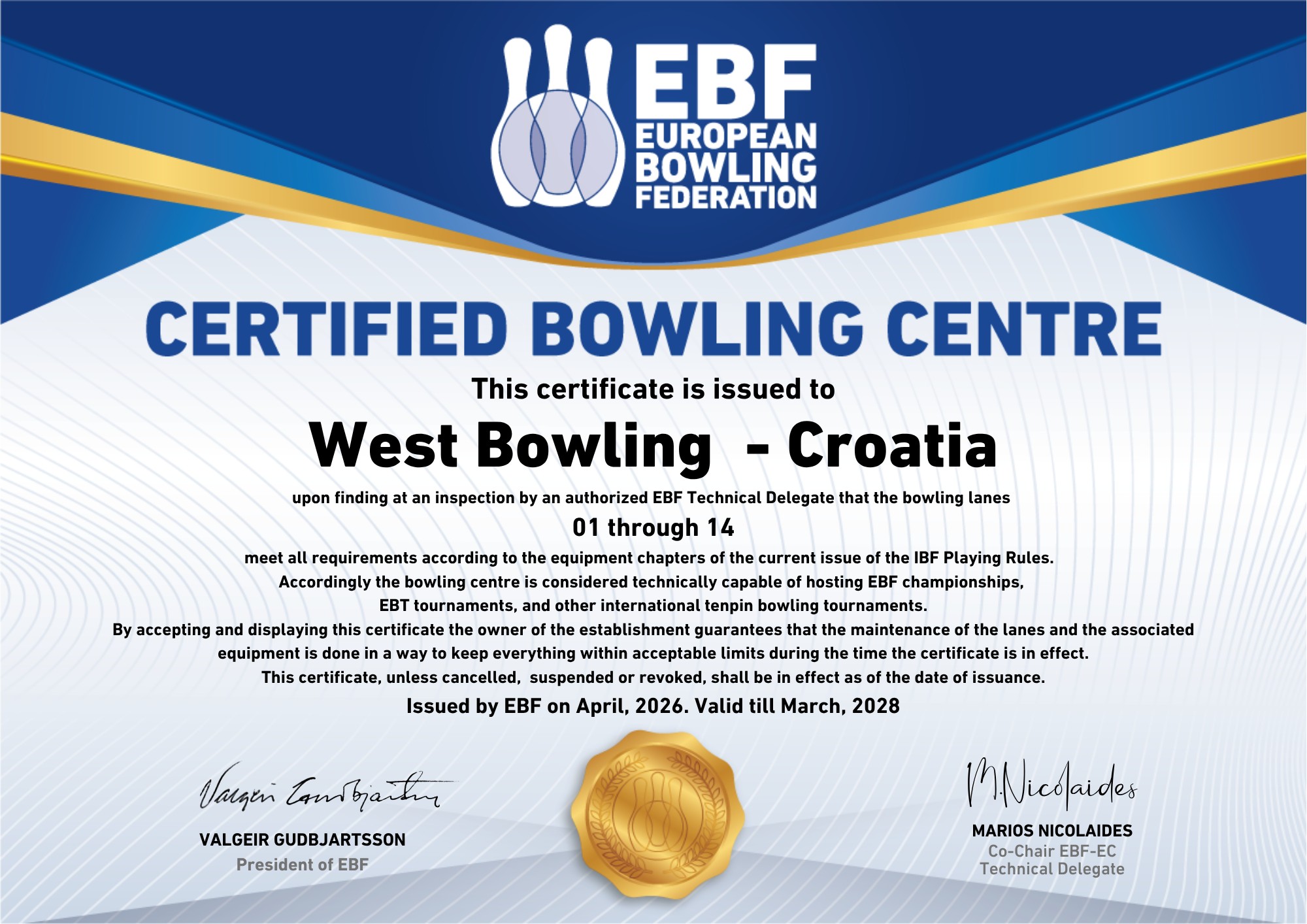 EBF Certified Bowling Centre certificate issued to West Bowling for lanes 01–14